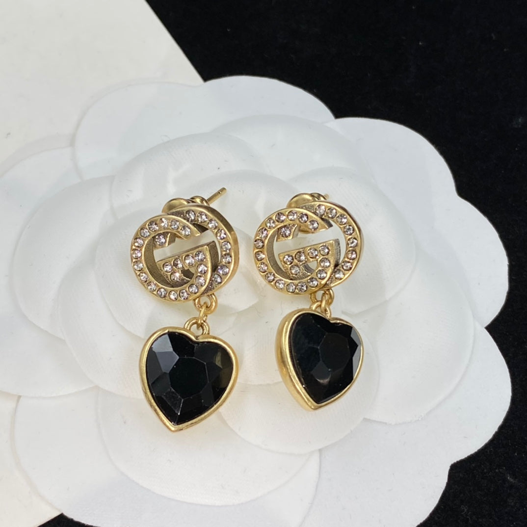 Fashion GG rhinestone heart pendant earrings