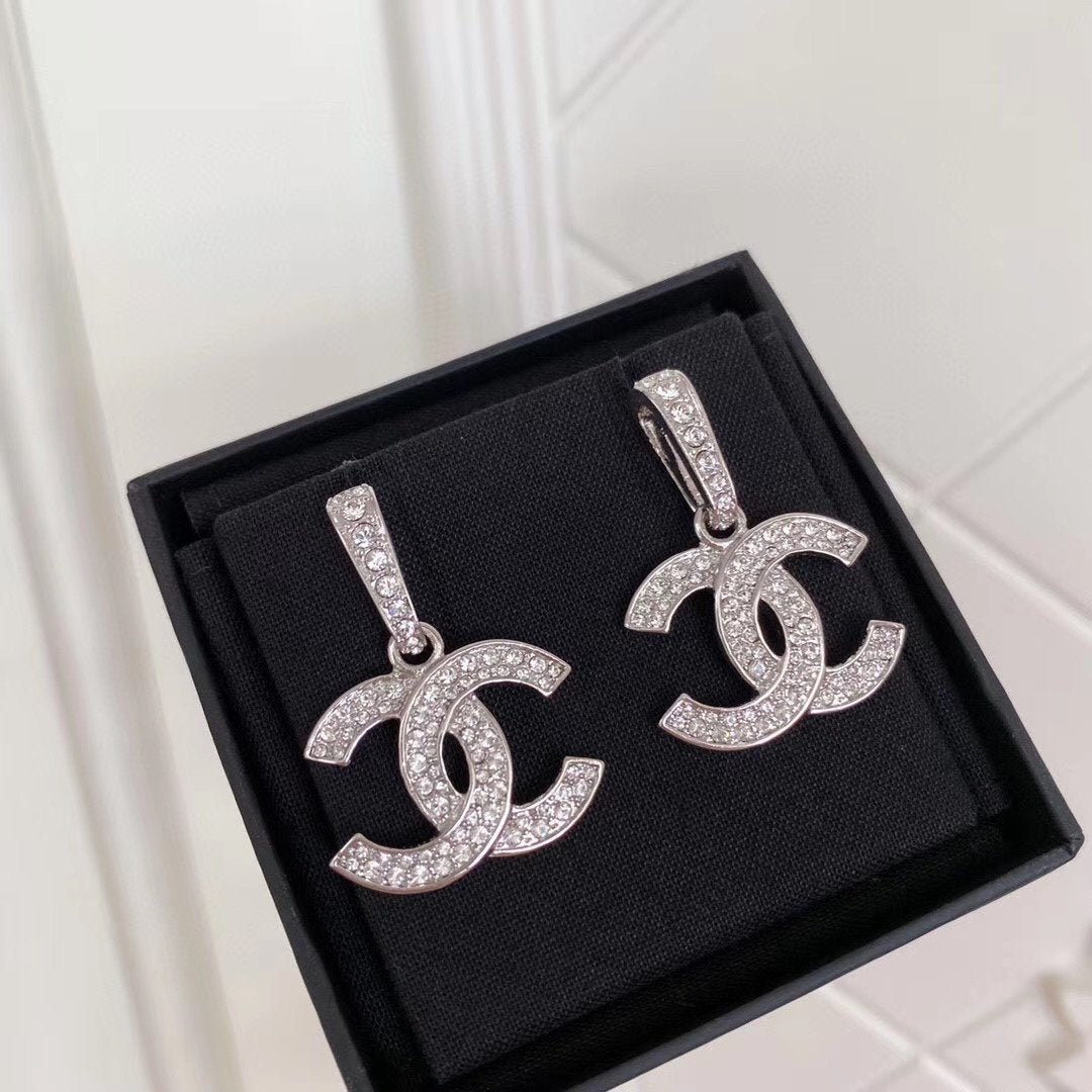 Elegant Rhinestone Double C Pendant Earrings