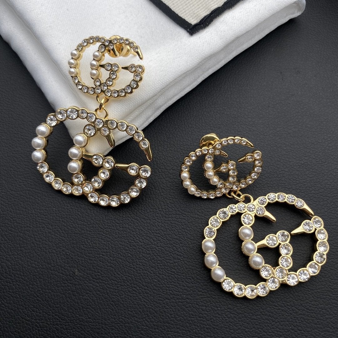 Exquisite double pearl and rhinestone earrings