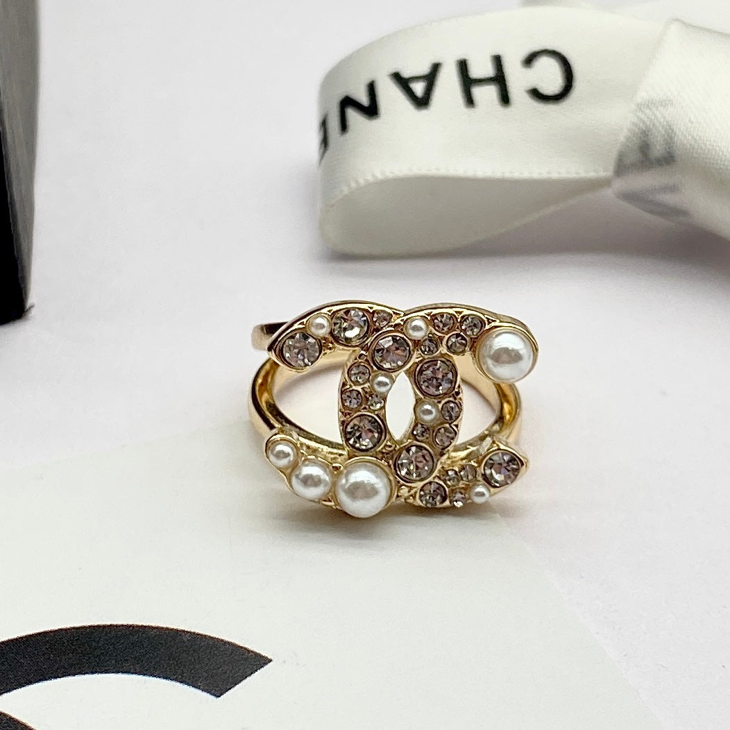 Luxury Double C Rhinestone Pearl Open Ring