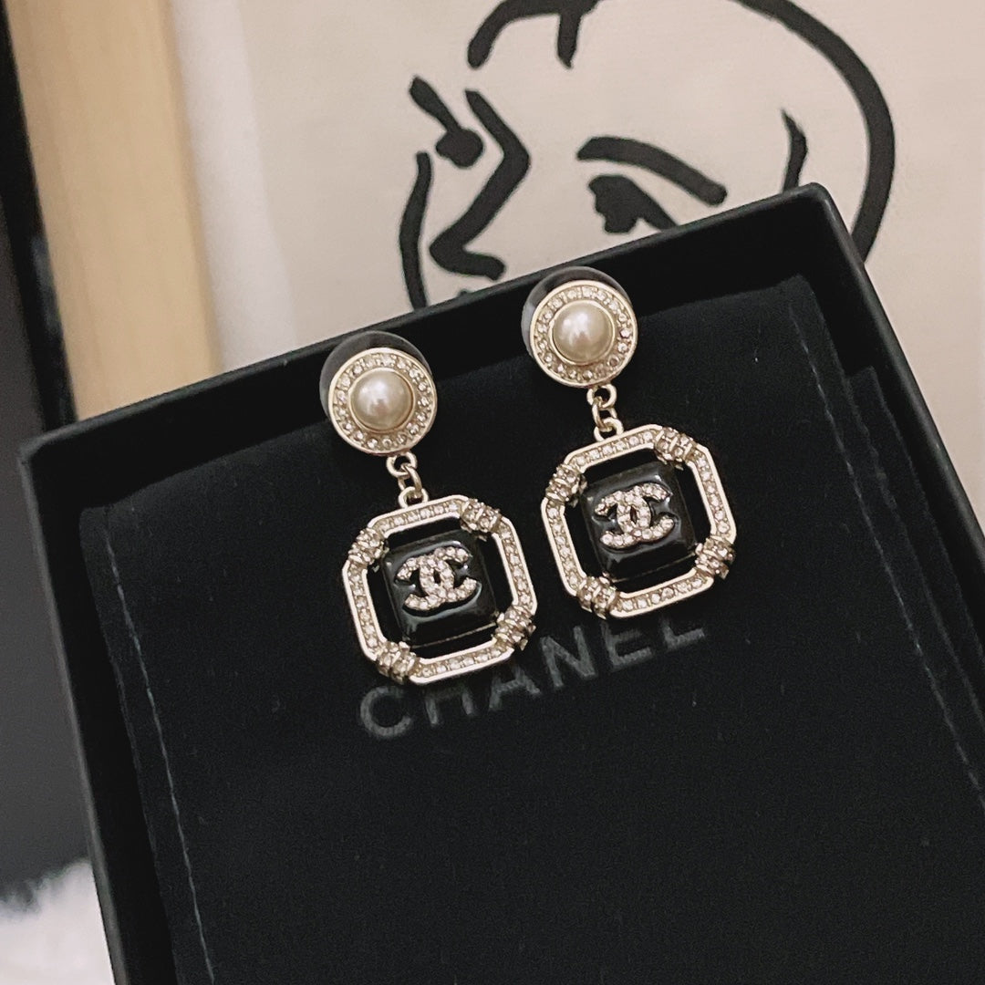 Classic CC Square Pearl Rhinestone Drop Earrings