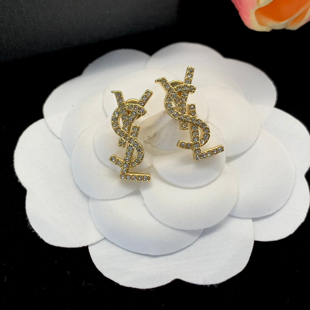 Classic YSL letter earrings with rhinestones