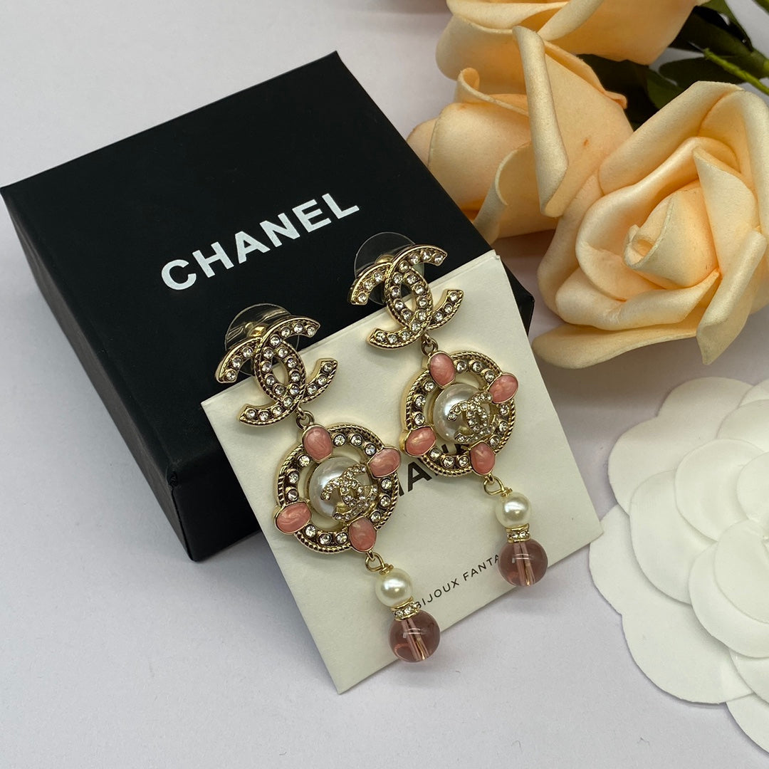 Fashion double C rhinestone pearl drop earrings