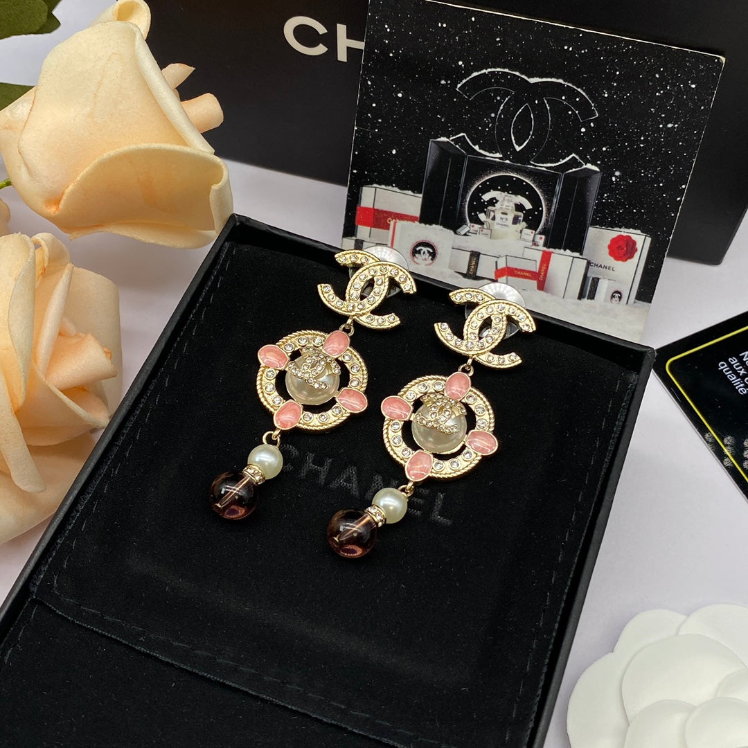 Fashion double C rhinestone pearl drop earrings