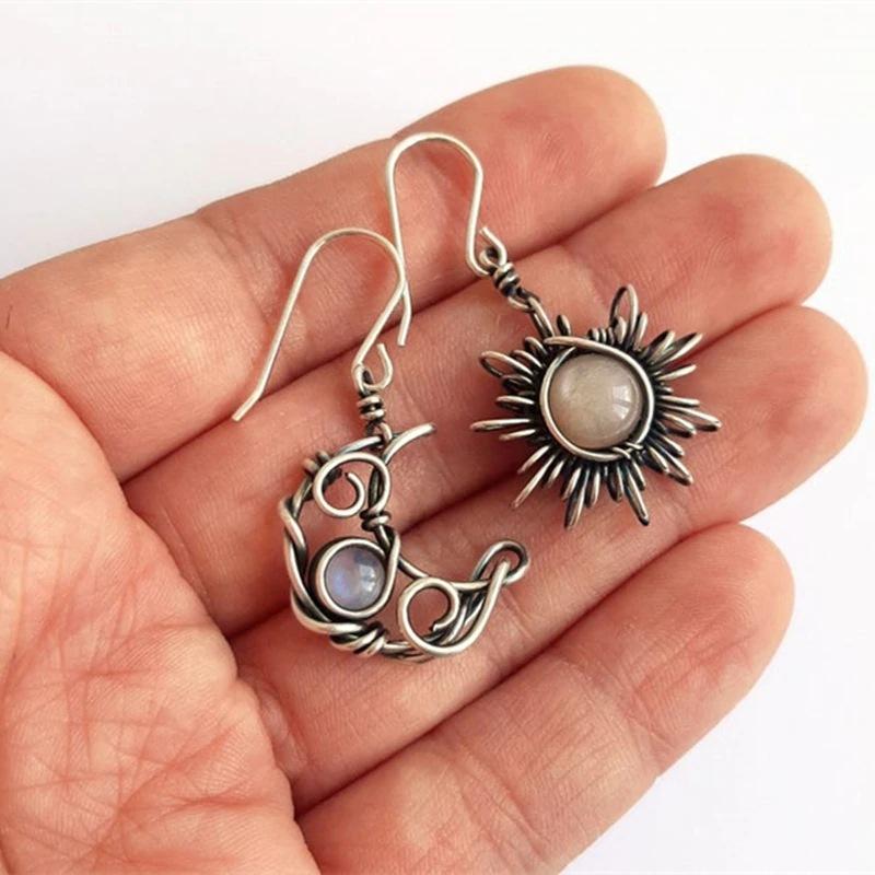 Retro Bohemian Sun Moon Asymmetrical Earrings